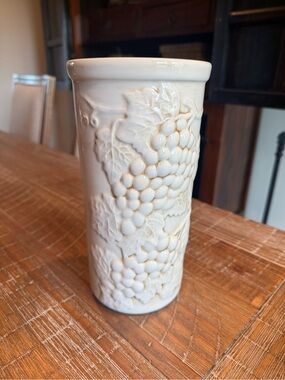 Vintage White Ceramic Wine Chiller Grapevine Embossed Art Pottery Portugal Vase